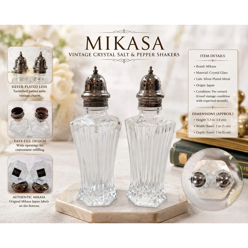 Vintage Mikasa Crystal Salt and Pepper Shakers Set Hexagon‎ Base Made in Japan